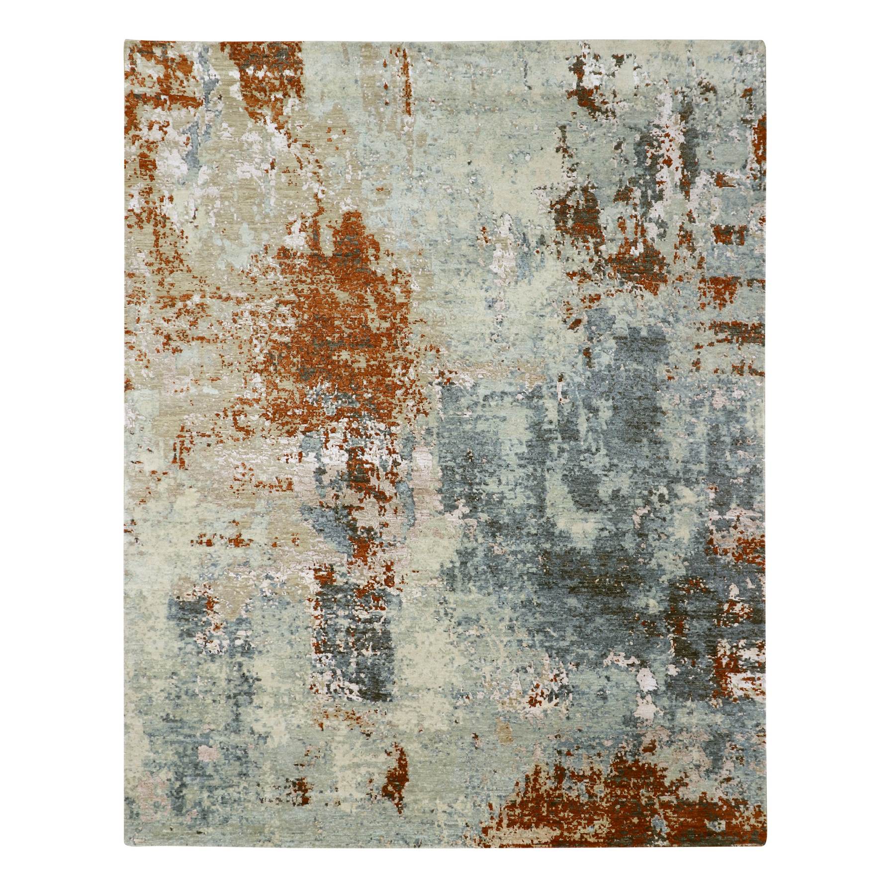 Rust Red with Gray, Abstract with Galaxy Design, Persian Knot, Pure Wool, Hand Knotted, Densely Woven, Oriental Rug